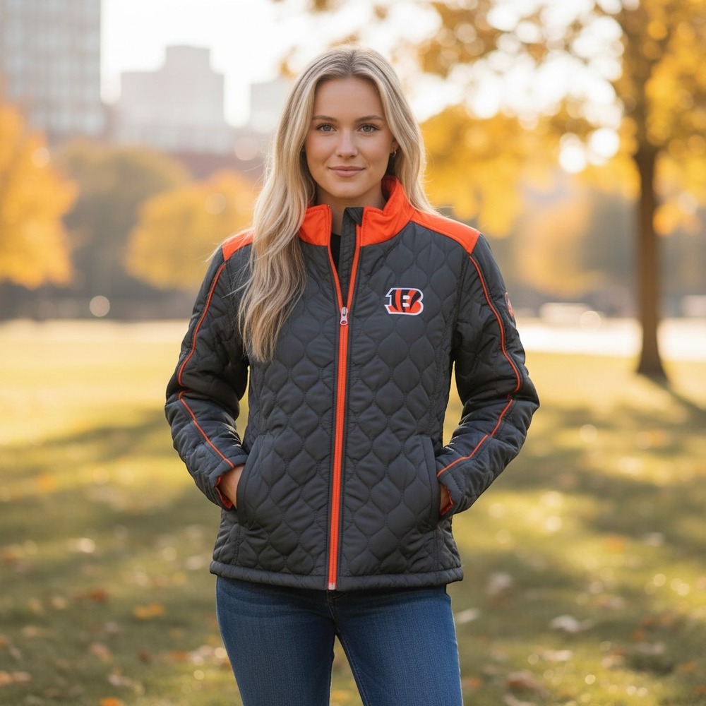NFL Team Apparel Cincinnati Bengals L Womens Quilted Puffer Jacket Black Orange